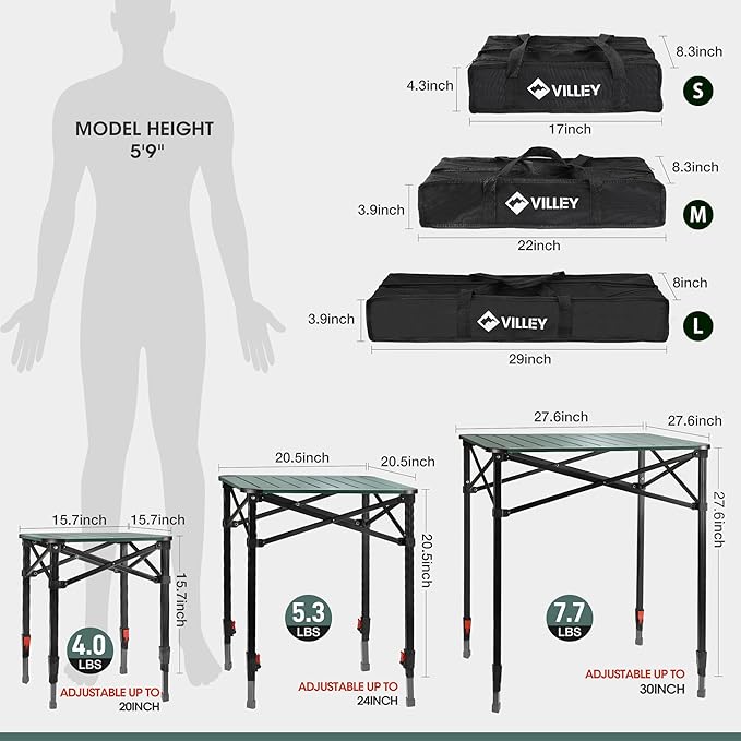 VILLEY Folding Camping Square Table with Carry Bag, Lightweight Aluminum Adjustable Square Table for Outdoor, Camping, Picnic, Backyards, BBQ (M)