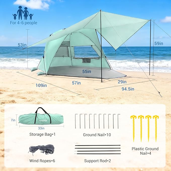 Elegear Beach Tent with Canopy, 1-Second Setup Pop Up Sun Shelter Shade, UPF 50+ UV Protection Silver-Coated Lightweight Portable Beach Cabana