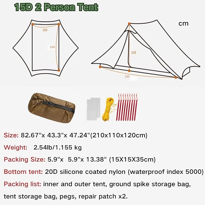 3F UL GEAR Blue Mountain 1/2Person Camping Poleless Tent, 3/4Seasons Waterproof Tent, Easy Set Up Hiking, Backpacking Silicon Coated Tent Shelter