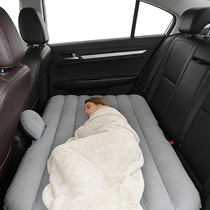 Car Air Mattress, Inflatable SUV Truck Camping Mattress for Back Seat, Thickened Travel Car Bed Sleeping Pad with Inflatable Pier Air Pump 2 Pillows (Grey)