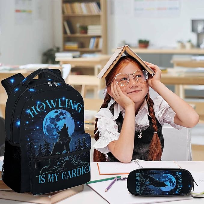 Boys Backpack, Wolf Gifts, Cool Wolf Backpacks for Kids 6-8, 17 Inch School Bag with Lunch Box, Large Capacity Student Bookbag and Pencil Case Bundle for Travel School