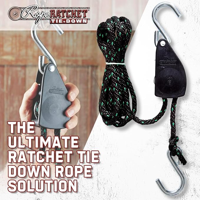Rope Ratchet Heavy Duty 1/2" Hoist with Locking Pulley, Adjustable Hanger for Grow Lights, Canopies, Kayaks, 15' Braided Polypropylene Rope, 500 lbs Capacity, Ideal for Tent, Tarp, Roof Rack Tie Downs