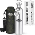 Tactiko Survival 51 oz/1500 ml Stainless Steel Wide Mouth Water Bottle, Single Wall Boil-Safe, Leakproof, BPA-Free with Carry Sleeve and Strap for Camping, Hiking, Outdoor Prep (Camo)