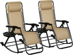 Outsunny Set of 2 Outdoor Rocking Chairs, Foldable Reclining Zero Gravity Lounge Rocker with Pillow, Cup & Phone Holder, Combo Design with Folding Legs, Beige