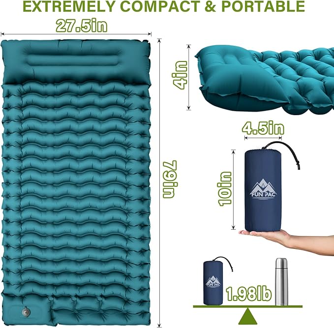 Camping Sleeping Pad, Ultralight Camping Pad with Pillow Built-in Foot Pump Inflatable Sleeping Mat Compact for Camping Backpacking Hiking Traveling-Green