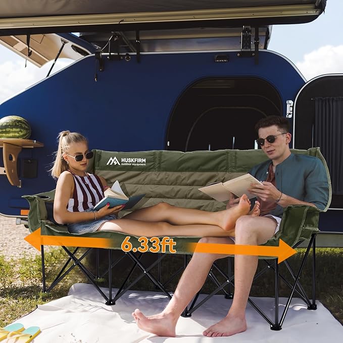 3 Person Camping Chairs Folding Double Camping Chair Portable Oversized Loveseat Padded Camp Chair Heavy Duty Camping Couch for Adults Outdoor Lawn with Two Cup Holders and Carry Bag Green