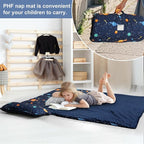 PHF Toddler Nap Mat with Removable Pillow and Minky Fleece Blanket, Rollup Design Warm Slumber Bags for Boys, 52"x20"x2" Kids Sleeping Bag for Daycare Preschool Travel Camping, Space
