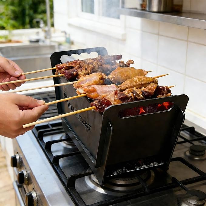 Portable Foldable Hibachi Grill, Heavy Duty & Durable, Small Charcoal Grill for Outdoor Camping Yakitori - w/Cast Iron Cooking Grate 11.5" x 5.5"