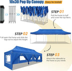 HOTEEL 10x30 Pop up Canopy Tent for Parties, Heavy Duty Easy Setup Tent with 8 Sidewalls, Outdoor Commercial Instant Gazebo for Wedding Event, with Portable Bag & Sand Bags, Blue(Hexagonal Frame)