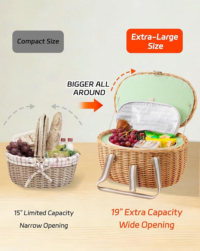 Picnic Basket Insulated with Lid, Extra Large Wicker Picnic Basket with Waterproof Insulated, Handwoven Portable Vintage Picnic Hamper 8.4 Gal(31.7L), Camping Outdoor Gifts Date, Natural