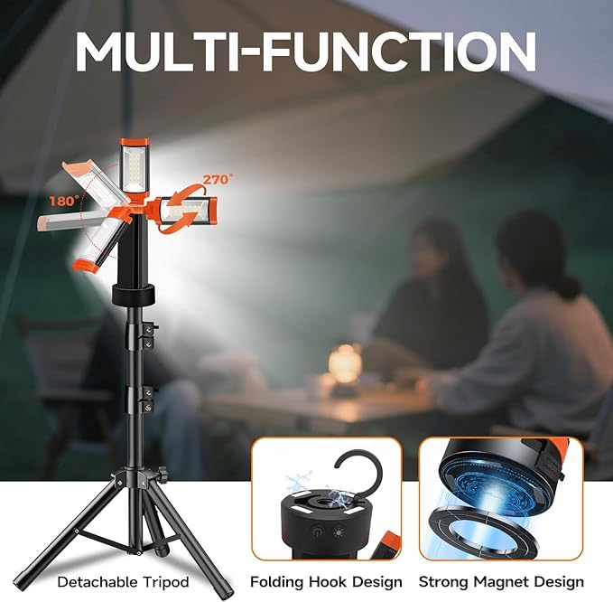 Rechargeable Camping Light with Adjustable Stand, 9000mAh Cordless Work Light with 3 LED Lamp Heads, 2200 Lumens Camping Essentials Gear Emergency Flashlight with Detachable Tripod