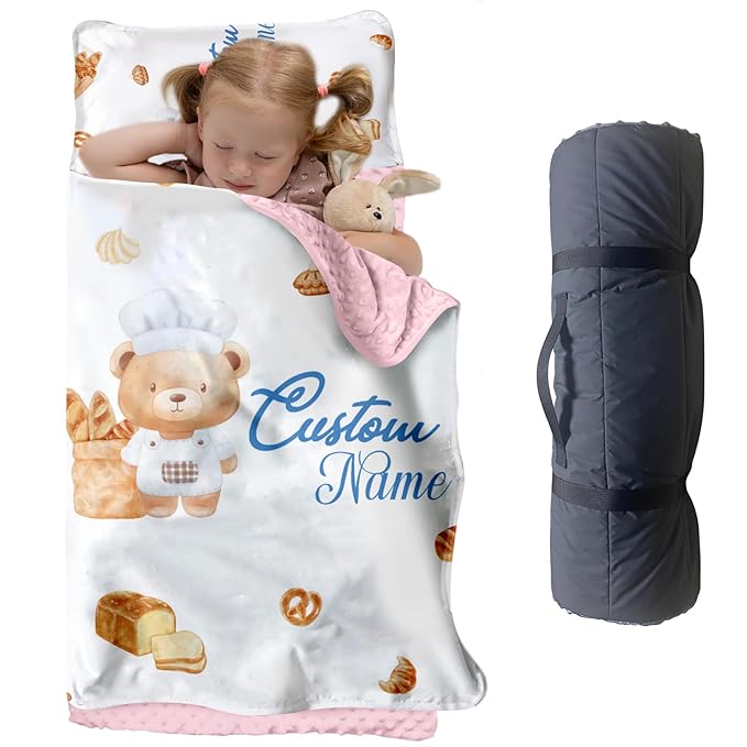 Custom Toddler Nap Mat for Preschool, Personalized Name Kids Sleeping Bag with Bear Parrern for Daycare, Roll Up Sleeping Mat with Removable Pillow and Soft Dot Minky Blanke for Girls Camping