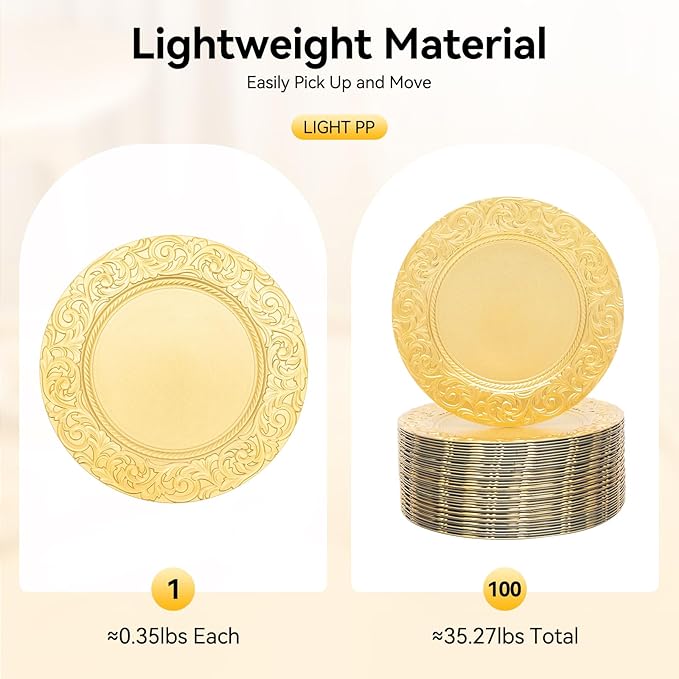 DYRABREST 100 Pcs 13 Inch Gold Charger Plates, Bulk PP Wedding Chargers with Floral Reef Design Decorative Round Ruffled Rim Dinner Plates for Wedding Party Event Table Setting Decoration