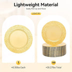 CNCEST 100 PCS Antique Charger Plates Bulk 13'' Plastic Embossed Dinner Plate Chargers Round Floral Plates for Wedding Decorative Chargers for Table Dinner Kitchen Party Decoration (Gold)