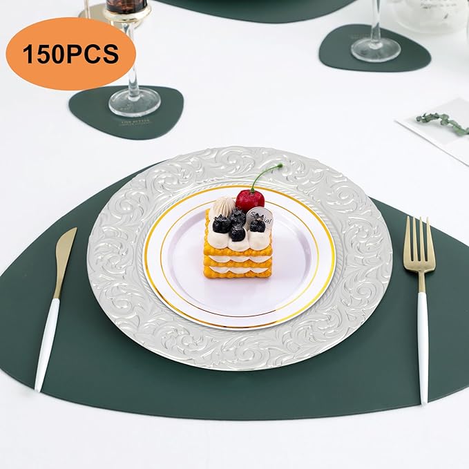 150 Pcs Silver Charger Plates Bulk, 13" Round Dinner Charger Plates, Decorative Plastic Embossed Table Chargers for Wedding Christmas Party Baby Shower Event Decoration (Silver)