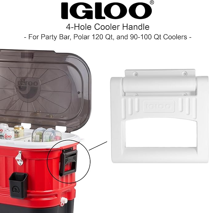 Igloo Rugged 4-Hole Cooler Handle & Bracket - Made in The USA - for Party Bar, Polar 120 Qt, and 90-100 Qt Sized Ice Chests (White)