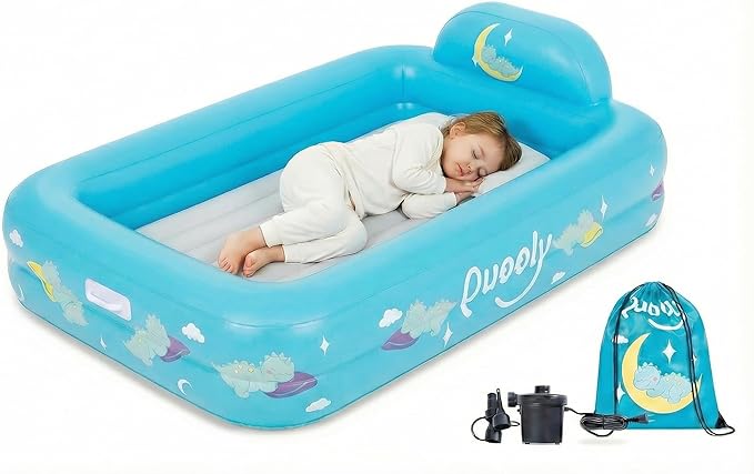Inflatable Toddler Travel Bed with Electric Pump – Portable Toddler Bed & Toddler Air Mattress for Kids 2-7, Blow Up Bed for Camping, Travel & Sleepovers with Safety Bumpers