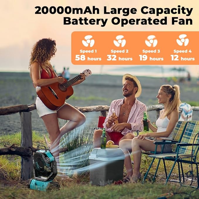 Camping Fan - 20000mAh Battery Powered Fan Rechargeable with LED Lantern - Portable Outdoor Tent Fans with Hanging Hook 4 Speeds Wind Remote Control, Blue