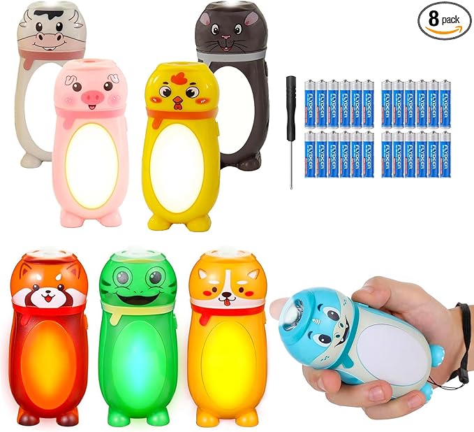 8 Pack Small Mini LED Flashlights for Kids Cute Animal AAA Flashlight Bulk- 2 in 1 Lantern Flashlight - Christmas Gifts Stocking Stuffers for Camping for Girls Boys Toddlers Halloween Gifts