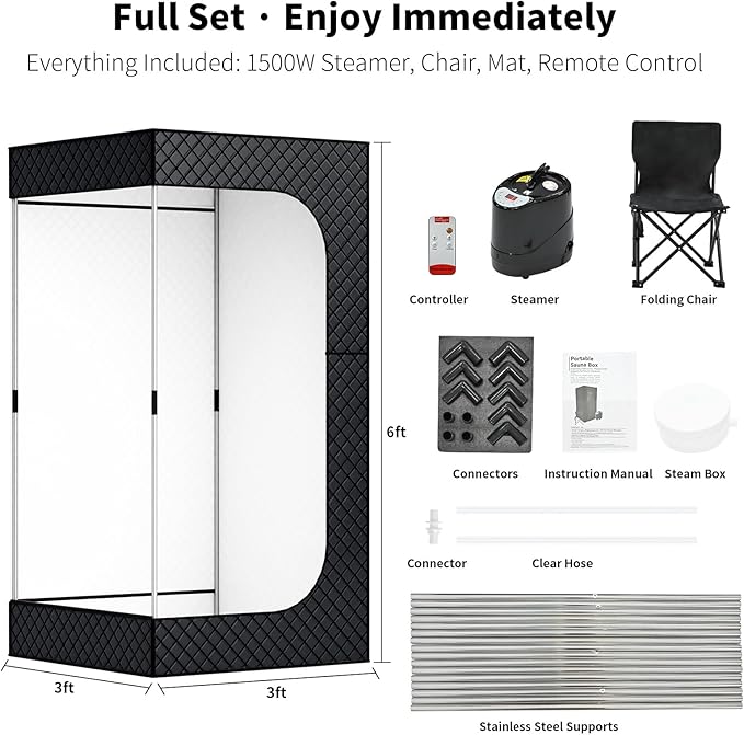 Sauna Box - Portable Sauna for Home with Upgraded 3L 1500W Steamer, Folding Chair and Non-Slip Mat for Relaxation Spa, 5-Layer Waterproof & Insulated Steam Saunas Tent, 3 * 3 * 6ft, Larger (Black)