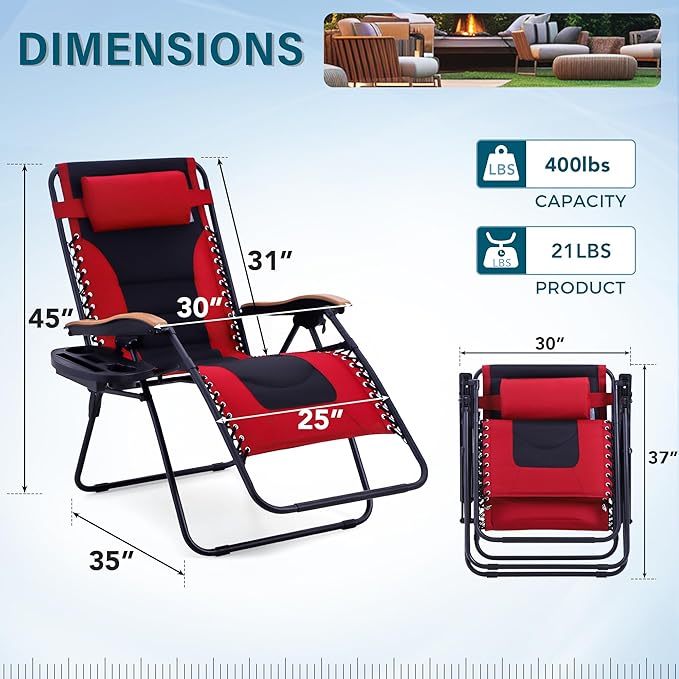MFSTUDIO Zero Gravity Chairs, Oversized Patio Recliner Chair, Padded Folding Lawn Chair with Cup Holder Tray, Support 400lbs, Red