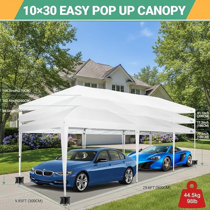 COBIZI 10x30 Pop Up Canopy Tent Commercial Instant Shelter with 8 Sidewalls, Durable Waterproof Portable Gazebo UPF 50+ for Outdoor Party, Wedding, Vendor Events (White)