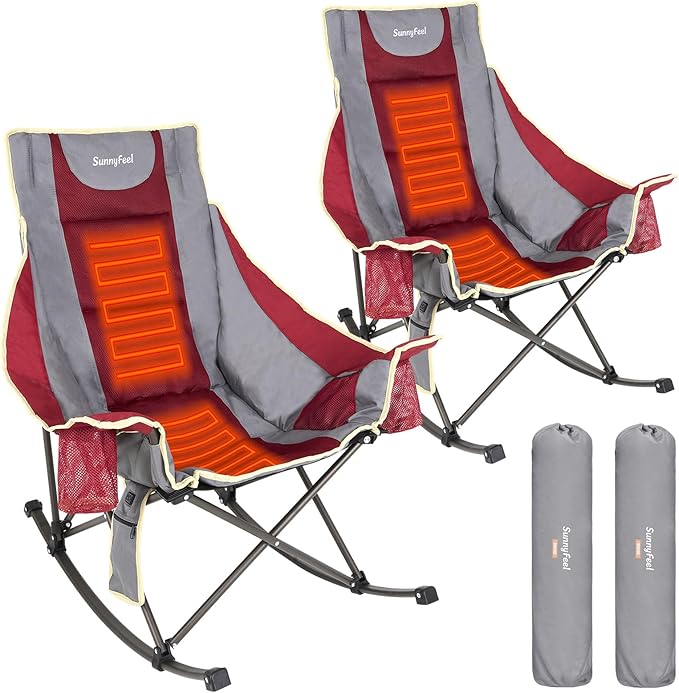 SUNNYFEEL Heated Rocking Camping Chair 2 Pack Fully Padded Patio Folding Chair Portable Oversized Outdoor Rocker High Back Lawn Recliner with Side Pocket Camp Rocker Chairs for Adults 500 LBS Red