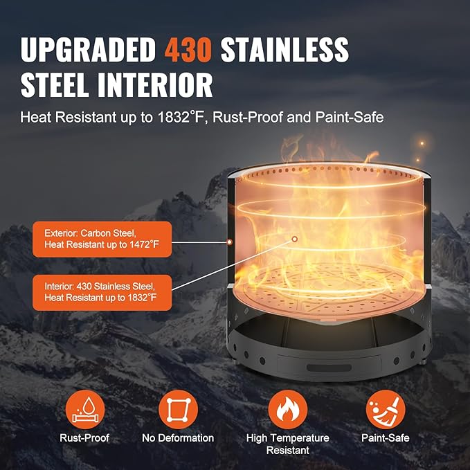 VEVOR Smokeless Fire Pit Stove Bonfire, H: 15.4 in x Dia: 19.3 in,Wood Burning Fireplaces with Removable Ash Pan, SUS430 Stainless Steel Inner Portable Outdoor Firepit, for Outdoor Patio Camping