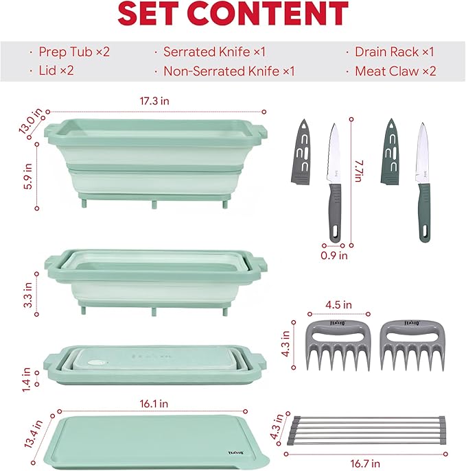 9-IN-1 Collapsible BBQ Prep Tub with Cutting Board, Portable Grill Prep Station with Side Brackets, Lids, Knives, Meat Claws and Drain Rack, Space-Saving for Kitchen, RV, Camping, Green