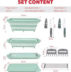 9-IN-1 Collapsible BBQ Prep Tub with Cutting Board, Portable Grill Prep Station with Side Brackets, Lids, Knives, Meat Claws and Drain Rack, Space-Saving for Kitchen, RV, Camping, Green