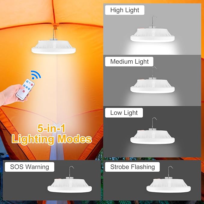 Portable Rechargeable Camping Lights, Tent Lights LED Lantern Power Solar Battery Powered, 5 Lighting Modes, IP65 Waterproof Flashlight for Hiking/Emergency/Night Fishing