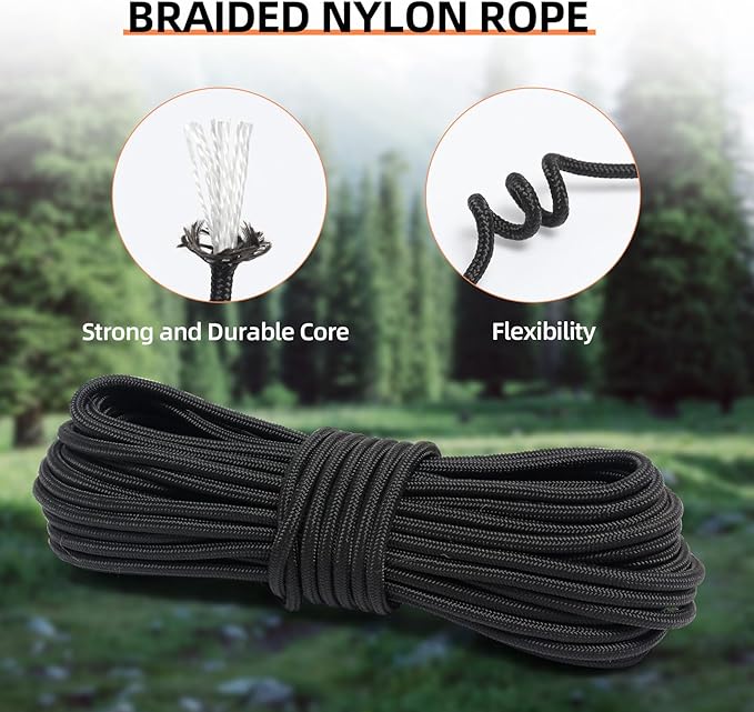 Nylon Rope, 1/3 inch 50FT Nylon Poly Rope Utility Cord Strong Polyester for Camping, Hiking, Clothesline, Tie, Flag Pole, Marine, Outdoor Swing (8mm Black)