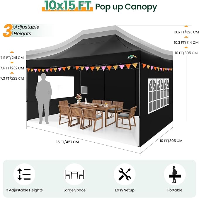 COBIZI 10x15 FT Heavy Duty Pop up Canopy with 4 Removable Sidewalls, Easy up Gazebo High Stability, All Weather Sunshade 100% Waterproof Outdoor Canopy Tents with Carry Bag, Black