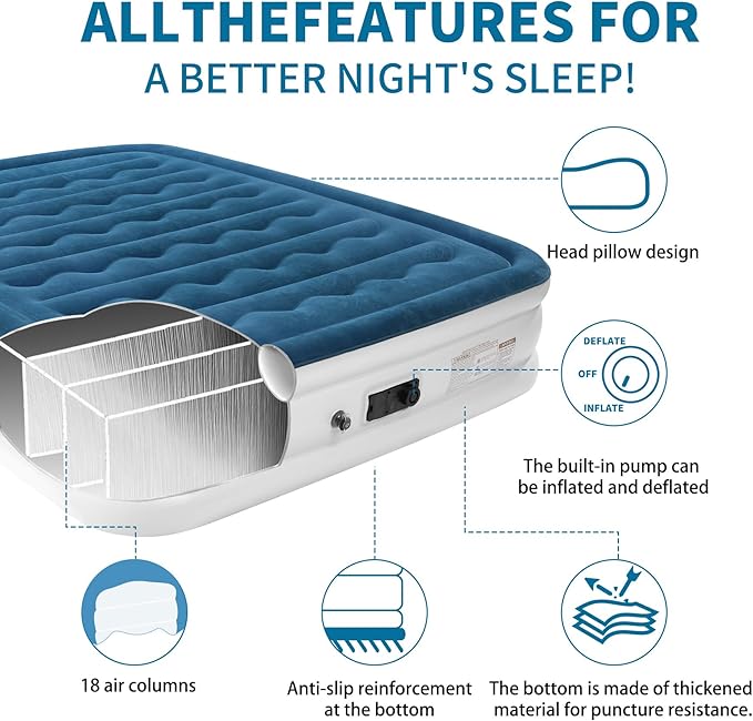 air Mattress Queen with Built in Pump 14 Inch Portable Inflatable Mattress Deluxe Flocking Inflatable Mattress for Temporary Guest Accommodation, Camping, and Home use MAX is 660 pounds