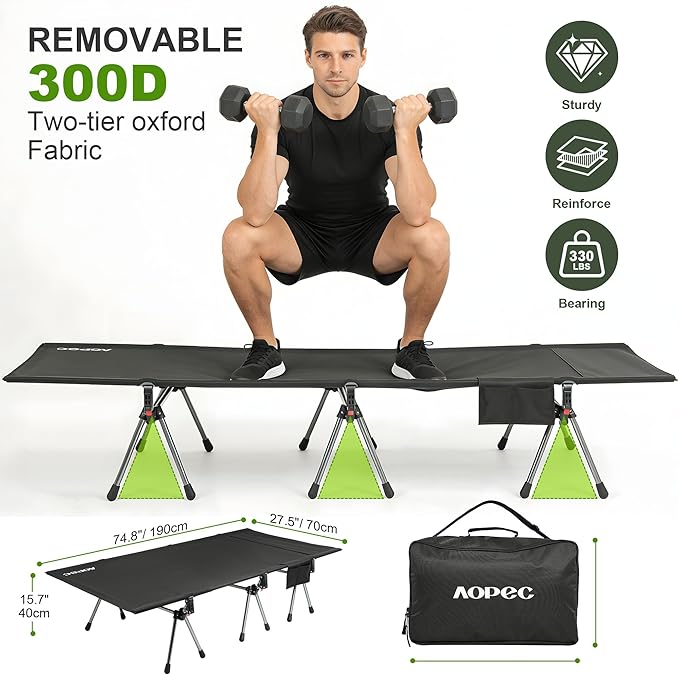 75" Camping Cot, Heavy Duty 330lbs Capacity, Adjustable Height with Leg Extenders, Lightweight Aluminum Frame Portable Folding Bed for Camping,Travel, Beach, Office Nap