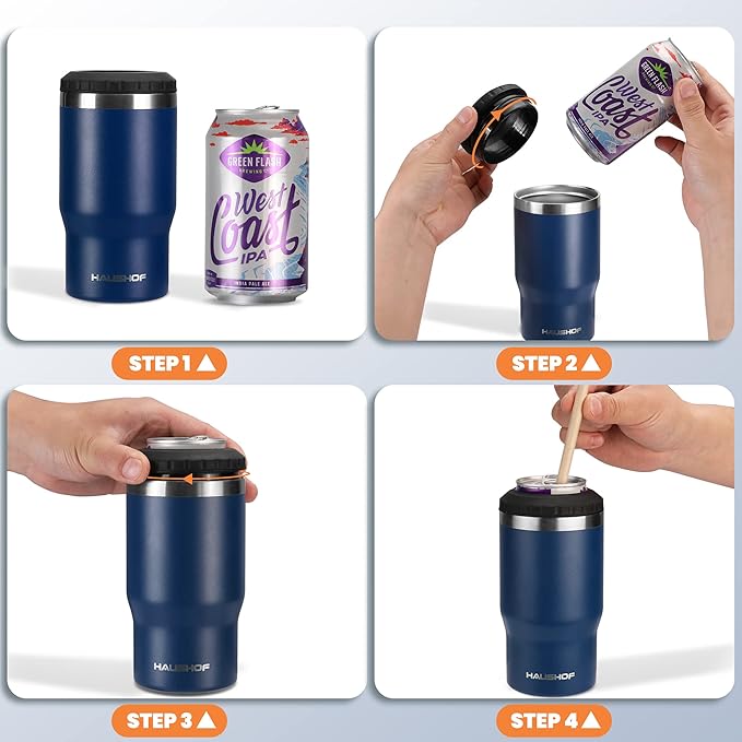 HAUSHOF 12 oz Can Cooler, 4 in 1 Insulated Stainless Steel Can Insulator, Fits for 12 oz Standard Can|12 oz Slim Can|12 oz Beer Bottle, Perfect for Camping, Beach, Picnic