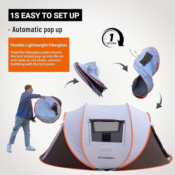EchoSmile Instant Pop Up Camping Tent, 2/4/6 Person, Easy Setup Tent, Water Resistant Dome, Portable with Carry Bag