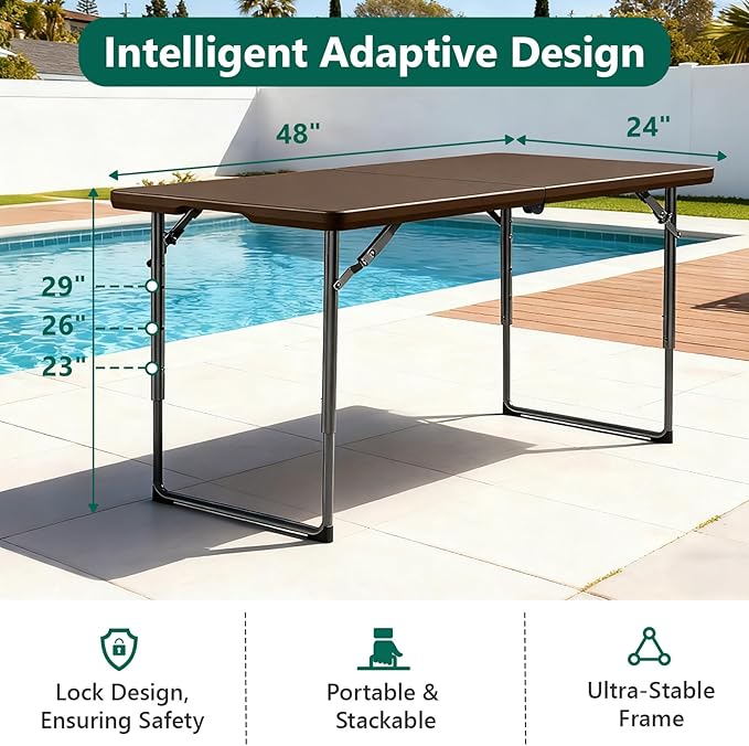 Folding Table, 4FT Foldable Picnic Table with Carrying Handle, Heavy Duty Fold-in-Half Portable Table for Weddings, Camping, RV Travel, Parties, BBQs, and Indoor Use, Easy to Fold and Store,Brown