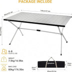 KingCamp Large Folding Camping Table Aluminum Roll Up Table Oversized Camp Table Stable Portable Outdoor Folding Table for Picnic Camping BBQ Backyard Party, 57.4''×31.4'' 6-8 Person,Support 176lbs
