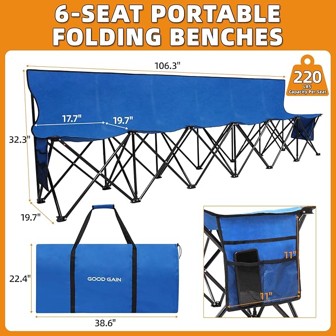 G GOOD GAIN Portable Soccer Bench - Team Bench Soccer 6 Seats with Bag, Sideline Folding Bench, Folded Chair Seating 6 for Football Camp Outdoor Sport Events, Team Chairs for Adults, Blue