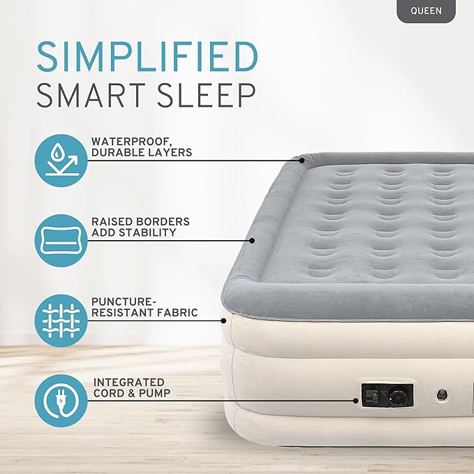 RestElevated Luxury Pillow Top Queen Size Air Mattress with Built in Pump | 20" Raised Height with Coil Beam Support | Adjustable Blow Up Air Bed | for Home, Guests and Camping [Cream with Grey Top]