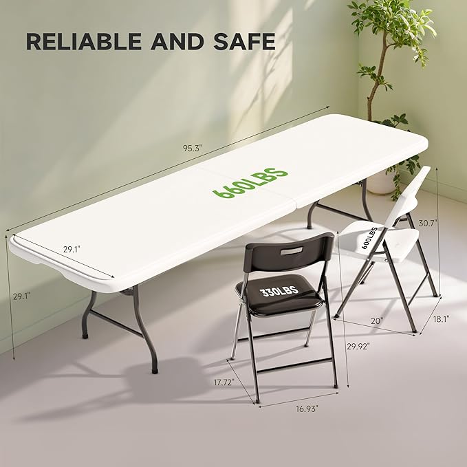 8FT Folding Table Set with 4 Chairs – Heavy-Duty 660 lb Table & 330 lb Chairs, Portable Folding Furniture Bundle for Camping, Parties, Indoor & Outdoor Use