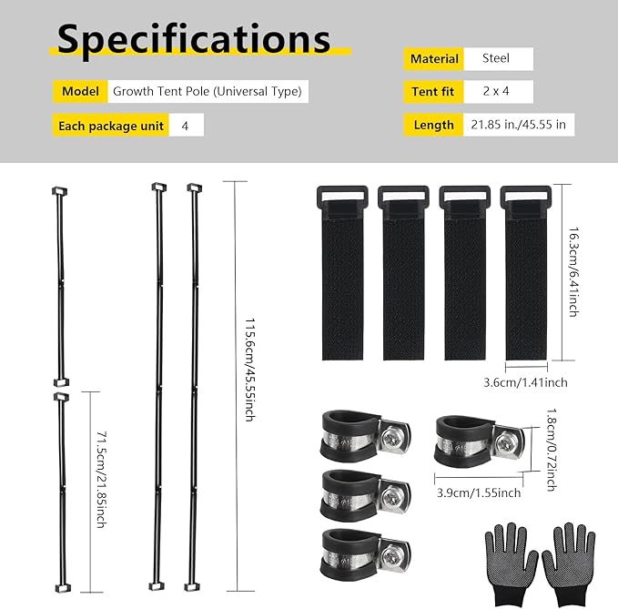 Heavy-Duty Grow Tent Mounting Bars, Durable Side Support Pole with Non-Slip Hook and Loop Straps for Indoor Grow Tents to Prevent Wall Suction (2 * 4’)