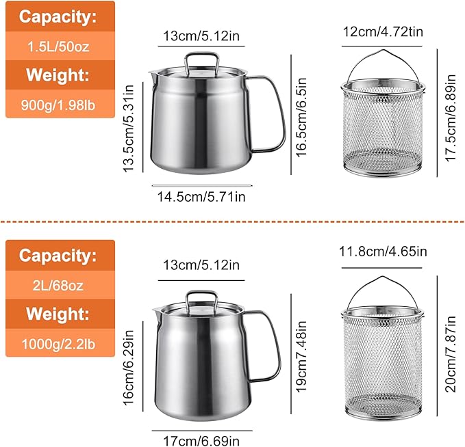 68oz Stainless Steel Deep Fryer Pot with Basket and Oil Strainer, Multifunctional Deep Frying, Small Stove Top deep fry for Kitchen and Camping, Steel Pour Pot for French Fries, Chicken (2L)