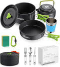 HOMGEN Ultralight Anodized Aluminum Camping Cookware Set for 2 People - Nesting Non Stick Pot/Pan with Foldable Handles Insulated Teapot & Stainless Cups - Compact Backpacking Gear for Camping/Hiking