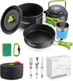 HOMGEN Ultralight Anodized Aluminum Camping Cookware Set for 2 People - Nesting Non Stick Pot/Pan with Foldable Handles Insulated Teapot & Stainless Cups - Compact Backpacking Gear for Camping/Hiking