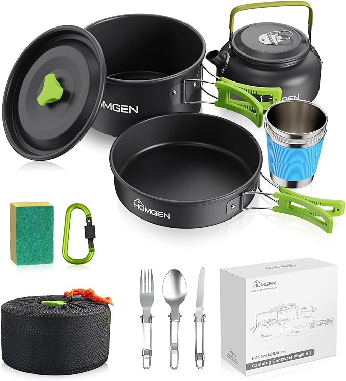 HOMGEN Ultralight Anodized Aluminum Camping Cookware Set for 2 People - Nesting Non Stick Pot/Pan with Foldable Handles Insulated Teapot & Stainless Cups - Compact Backpacking Gear for Camping/Hiking