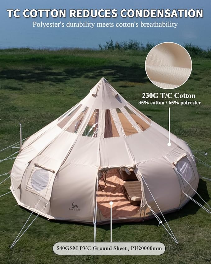 TOMOUNT Canvas Tent with Rainfly with Stove Jack Bell Tent Yurt Glamping Tent with TPU Transparent Roof for Family Camping