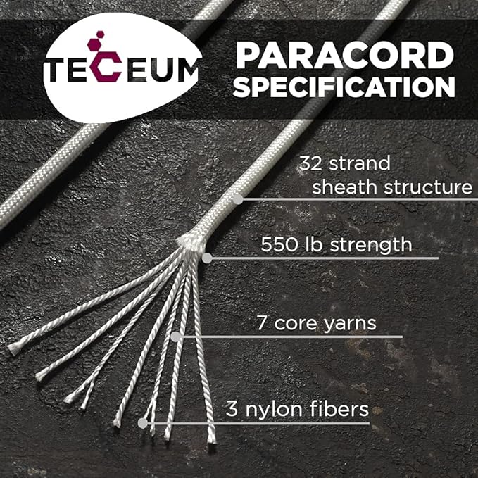 TECEUM 5/32" Paracord Rope 1000 – 1000ft / 200ft / 100ft / 50ft – Tactical Parachute Cord 4mm – 45+ Colors – Nylon String for Survival & Camping Gear – Stripe Cord for Survival – Utility Rope