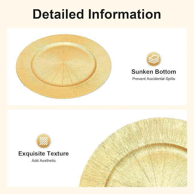 DYRABREST 50 Pcs Gold Charger Plates, 13 Inch Bulk Round Charger Plates Plastic Wedding Dinner Elegant Reusable for Table Setting Wedding Party Event Tabletop Setting Decor (Gold)